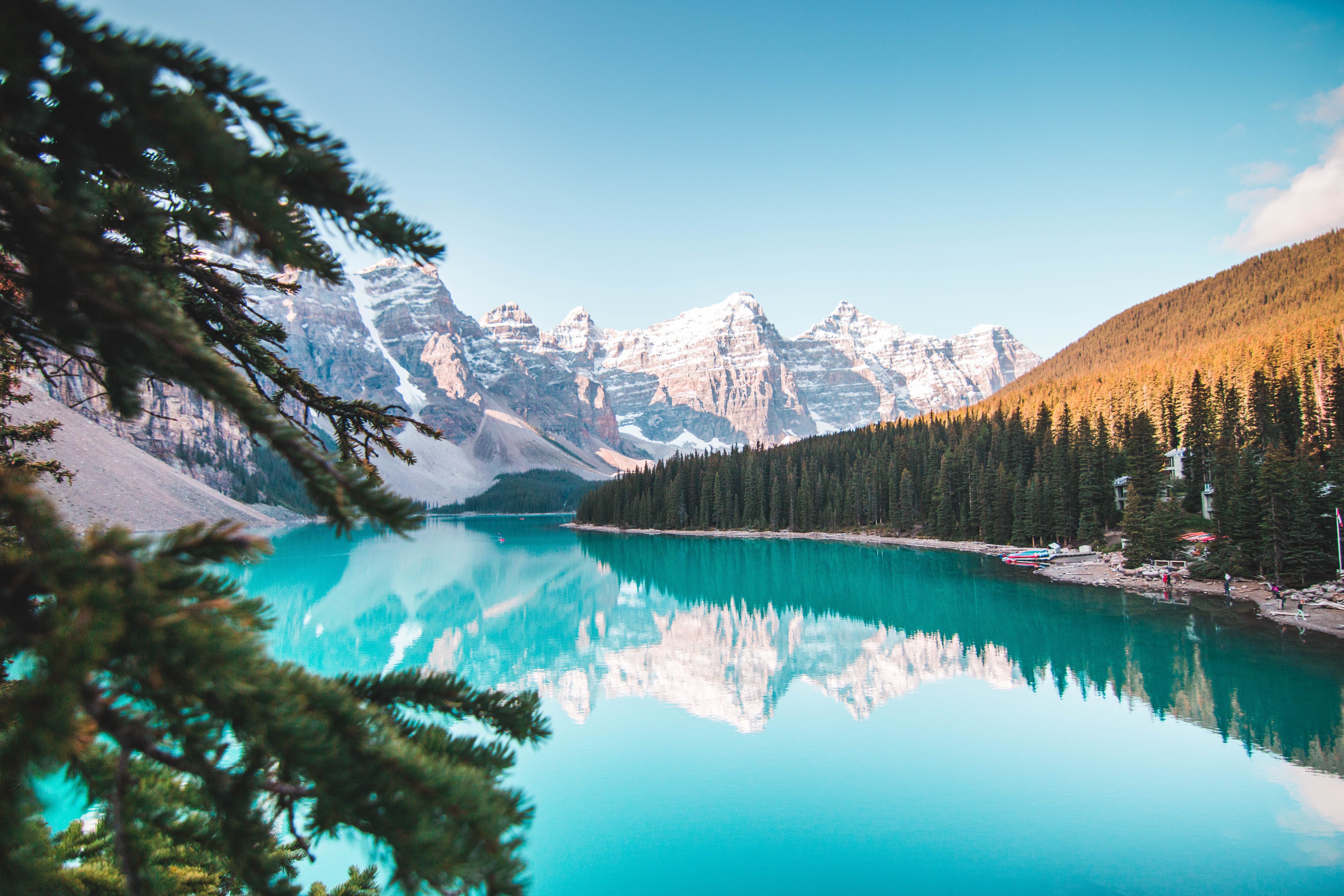 Mountains reflecting on Lake Moraine